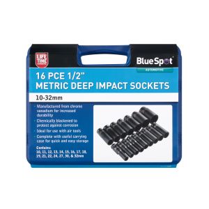 Blue Spot Tools 16 PCE 1/2" Metric Deep Impact Sockets (10-32mm)